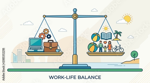 A powerful flat design vector illustration showcasing a perfectly balanced scale, symbolizing the importance of work-life equilibrium, especially relevant during the Labor Day holiday. 