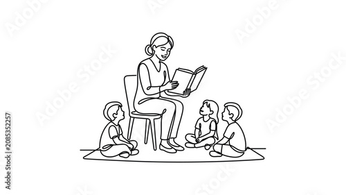 Woman Reading to Three Small Children.