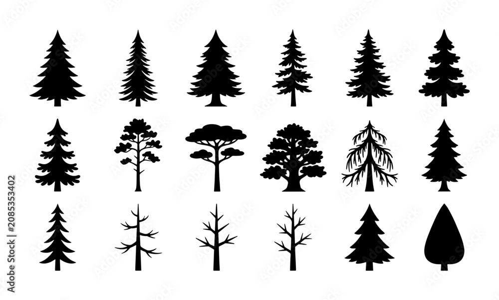 Obraz premium Diverse Tree Silhouettes Collection, 16 Evergreen and Deciduous Forest Icons, Nature Elements for Design