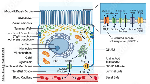 Foto Intestinal Epithelial Cell Structure and Nutrient Absorption Diagram