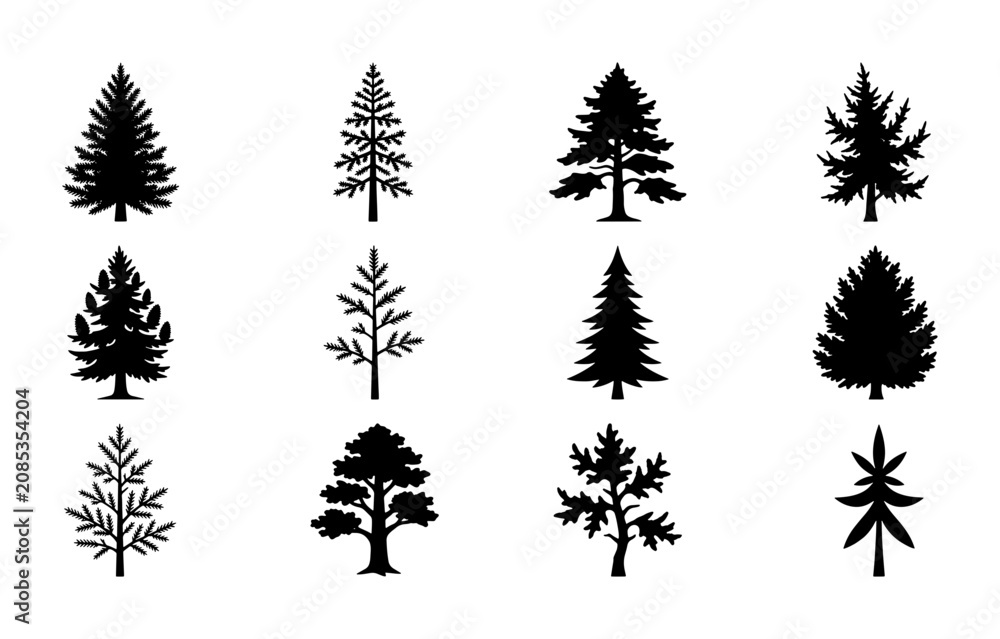 Fototapeta premium Diverse Evergreen Tree Silhouettes Collection, Conifer Forest Icons, Pine Spruce Fir Vector Graphics, Nature Elements for Design