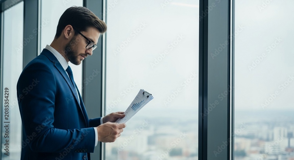 Fototapeta premium Focused business executive in a blue suit examines financial documents near a large office window.