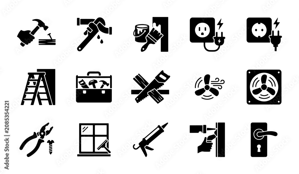 Fototapeta premium Home Renovation and Repair Icons Set, DIY Tools and Hardware, Construction and Maintenance Vector Graphics, Electrical and Plumbing Symbols