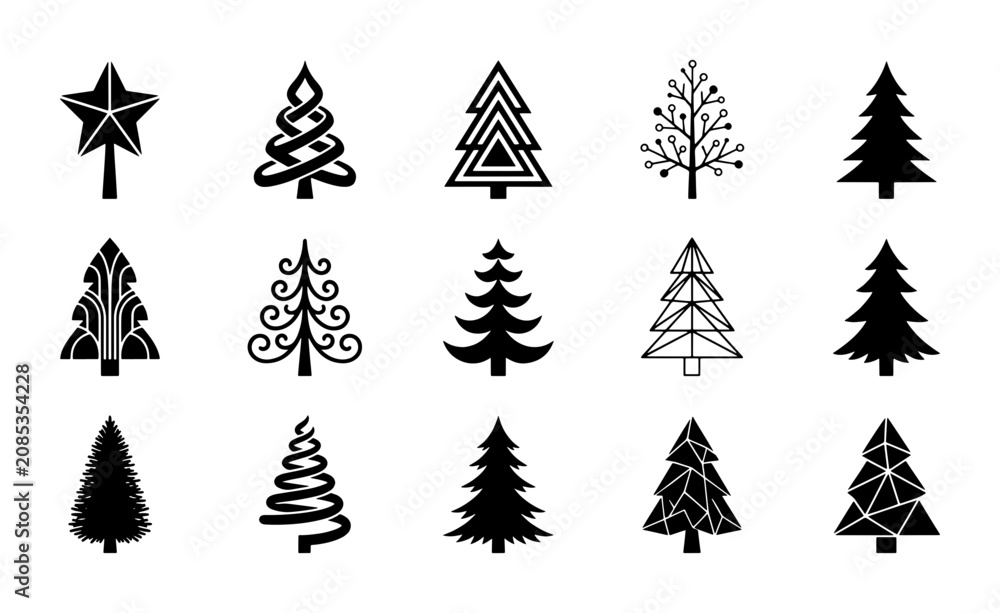 Obraz premium Set of 15 Diverse Christmas Tree Icons, Vector Graphics for Holiday Design Elements, Festive Winter Season Symbols, Black and White Decorative Illustrations
