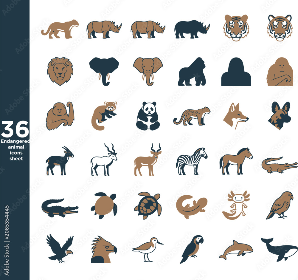 Obraz premium Endangered animal icons on a white background