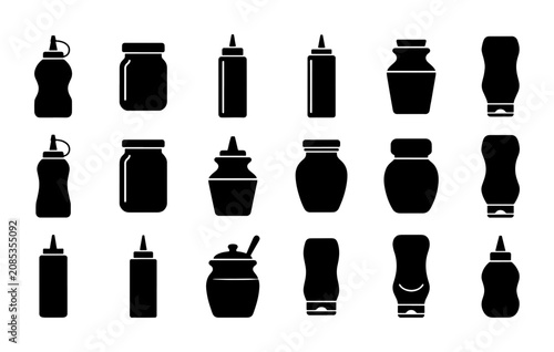 Cuadro en lienzo Condiment Bottle and Jar Icons Set, Black Silhouette Food Container Vector Colle