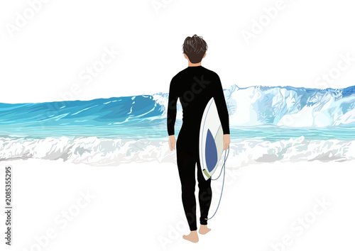 Photos 波に向かい砂浜を歩く男性サーファーのイラスト