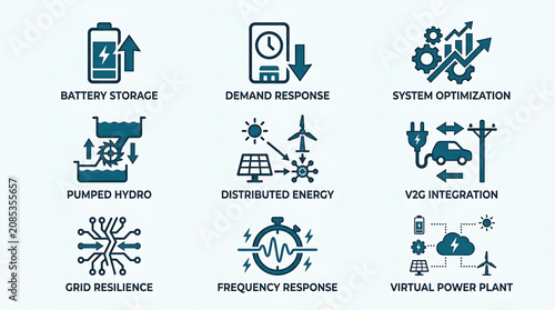 The image illustrates various energy storage and grid management concepts including battery storage, demand response, and system optimization.