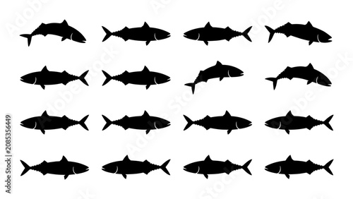 Fotografie Silhouette Fish Collection, Marine Life Icons, Seafood Vector Graphics, Aquatic