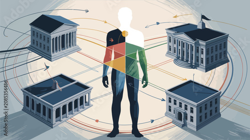 Humanity Connected: An abstract illustration shows a stylized human figure at the center, connected by circular arrows to four distinct institutional buildings.