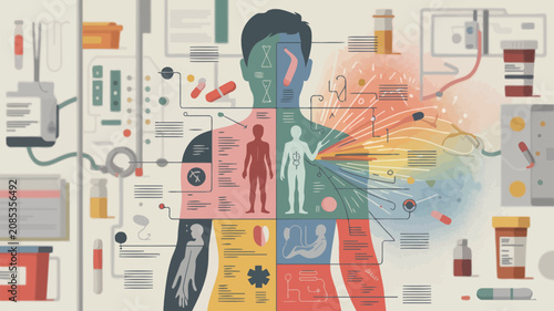 Human Anatomy and Medicine Diagram: A detailed infographic illustrating human anatomy with medical data and treatment options, showcasing the complex relationship between the body and healthcare.