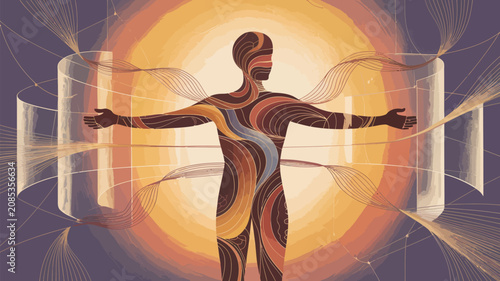 The Inner Radiance: An abstract illustration of a human silhouette bathed in warm light, adorned with flowing colorful patterns, suggesting energy, life force, and inner strength.