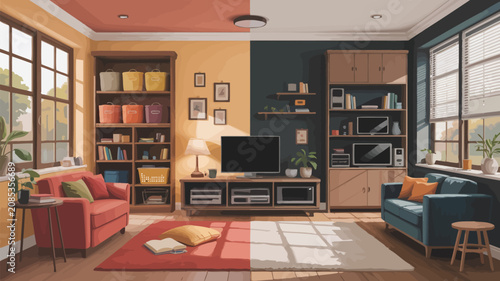 Cozy Living Room Split Design: A modern living room design that showcases a creative split aesthetic, dividing the space with contrasting colors and distinct furniture arrangements.