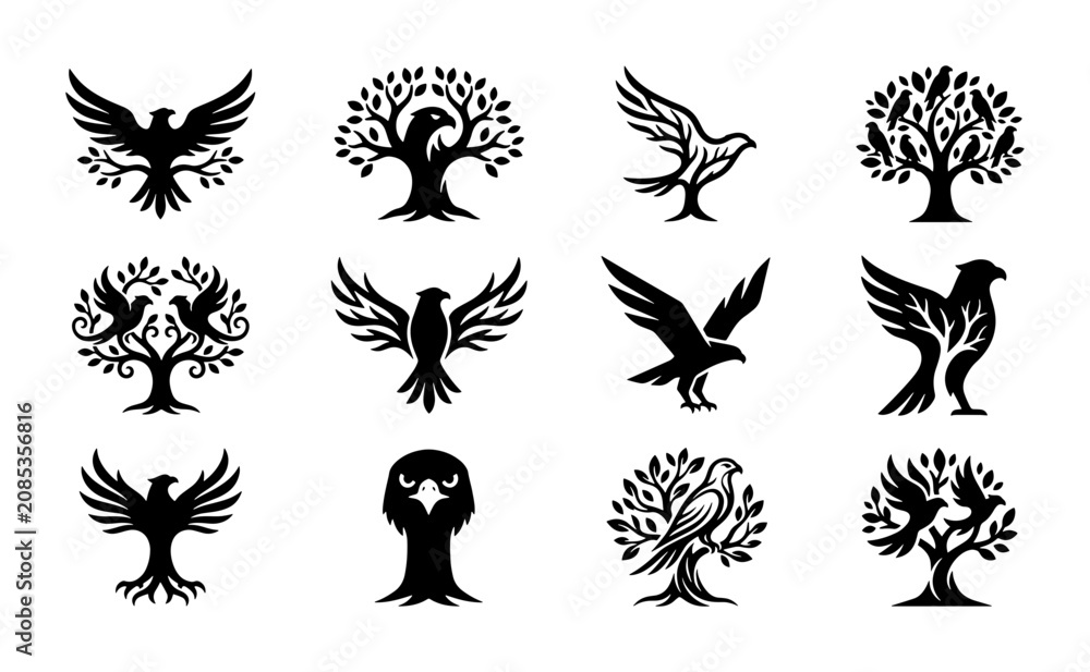Obraz premium Elegant Eagle and Bird Tree Logos, Vector Icons Set, Heraldic Crest Symbols for Branding and Design