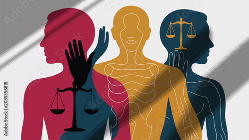 The Scales of Justice Within: Abstract silhouettes representing human form and mind, each imbued with the iconic scales of justice, explore the complex interplay between law, fairness.