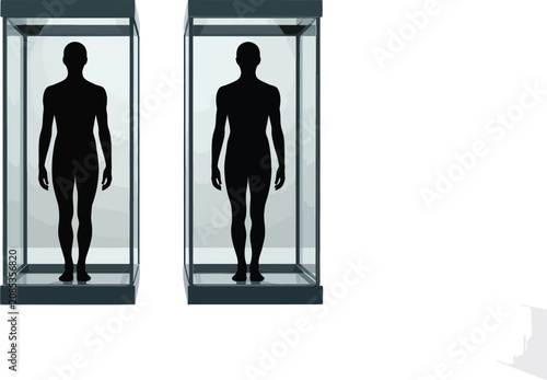Two Silhouettes in Display Cases: The stark silhouette of a human figure stands within a modern display case, presented in a minimalist style that evokes themes of preservation and observation.