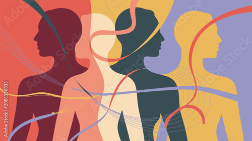 Abstract Human Connections: Silhouettes of diverse individuals intertwine with colorful ribbons.