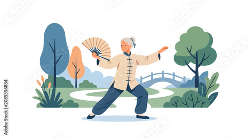 Active senior woman practicing Tai Chi with a folding fan in a serene city park flat vector illustration.
