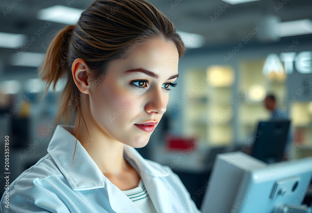 Fototapeta premium Focused female scientist working in high-tech lab environment