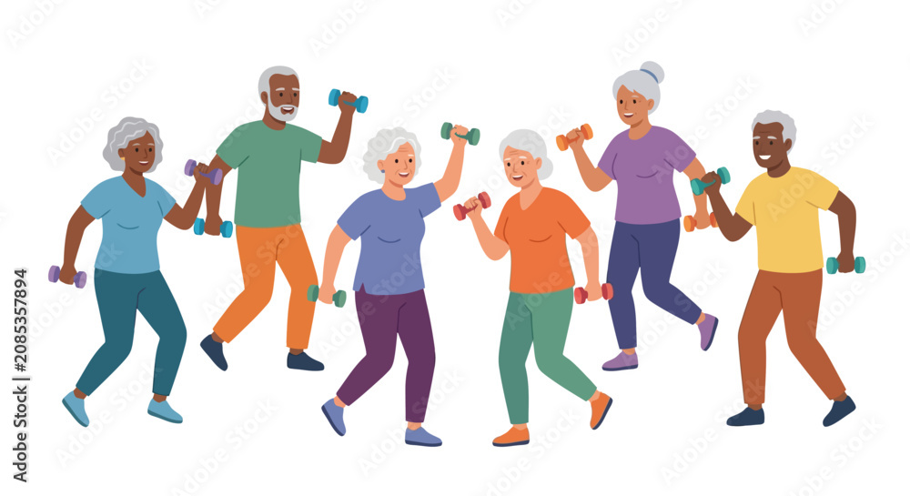 Obraz premium Active diverse senior citizens participating in low impact dumbbell workout session flat design vector illustration.