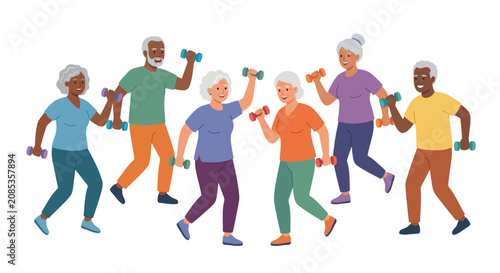Active diverse senior citizens participating in low impact dumbbell workout session flat design vector illustration.