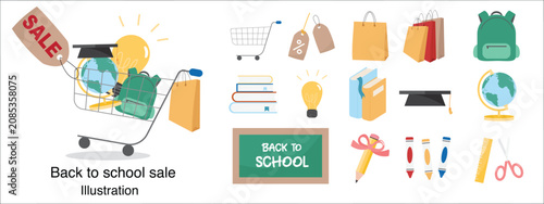 Back to School Sale Flat Vector Illustration Set with Shopping Cart, Backpack, Books and Discount Tags