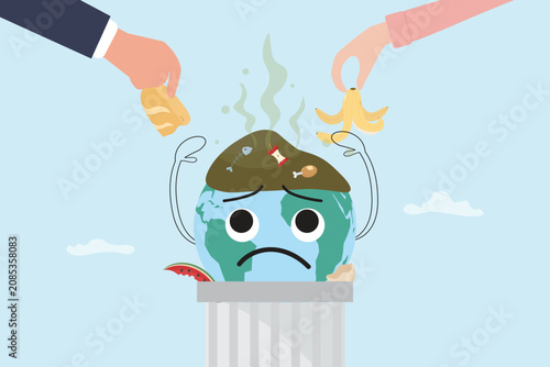 Sad Earth Character in Trash Bin with Food Waste Illustration, Reduce Food Waste Concept