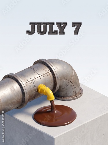 Industrial metal pipe with yellow nozzle pouring melted brown chocolate