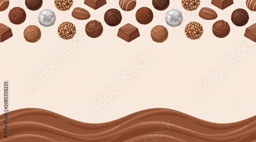 Background with various chocolate candies and smooth melted chocolate waves