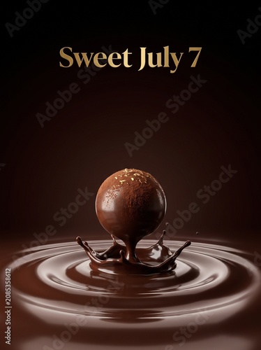A delicious chocolate truffle splashing into a smooth liquid chocolate pool