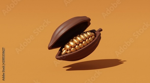 3d render of chocolate cocoa pod with golden beans