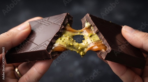 Hands breaking a dark chocolate bar with caramel and pistachio filling