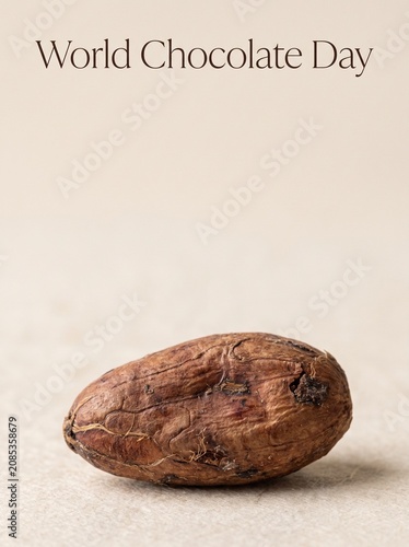 Single cocoa bean resting on plain background for World Chocolate Day