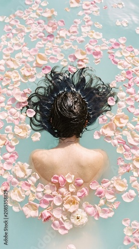 Summer vacation woman floating in tropical water with rose petals, luxury spa holiday, serene vertical background.