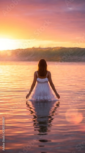 Woman in white dress facing sunset wave, serene tropical beach holiday.