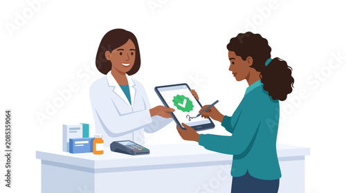 Black female customer signing digital signature on tablet at pharmacy counter flat vector illustration.
