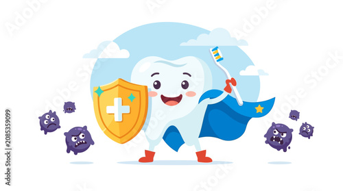 Brave superhero tooth character holding toothbrush and shield fighting bacteria for oral hygiene flat vector illustration.