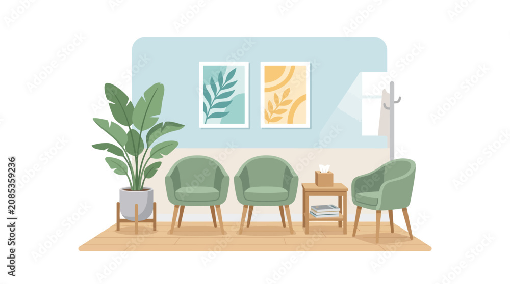 Fototapeta premium Clean minimalist dental clinic waiting room with green armchairs flat vector illustration.