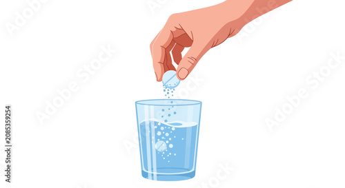 Close up of human hand dropping effervescent pill into glass of water for medical wellness flat vector illustration