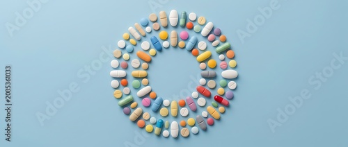 Colorful pharmaceutical pills and capsules arranged in a circle on a blue background