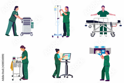 Set of female nurses in green scrubs performing various clinical tasks like managing IV drips, medical carts, and patient equipment in a hospital.
