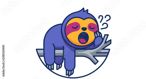 Fotografía Cute cartoon sloth yawning and sleeping on a tree branch, vector illustration