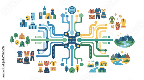 Artificial intelligence network connecting global cultural heritage and natural landscapes flat design vector illustration.