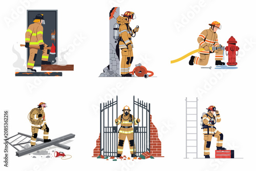 Vászonkép Vector illustration set of professional firefighters in various emergency rescue scenes, performing duties with tools like hoses, axes, and ladders