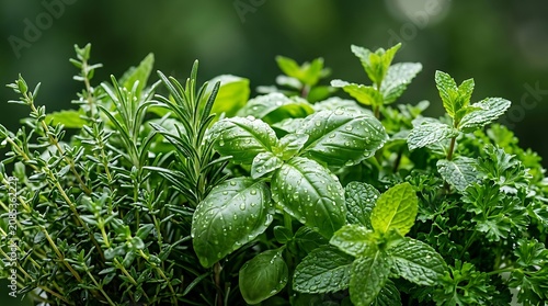 Fresh Garden Herbs Assortment with Glistening Water Droplets