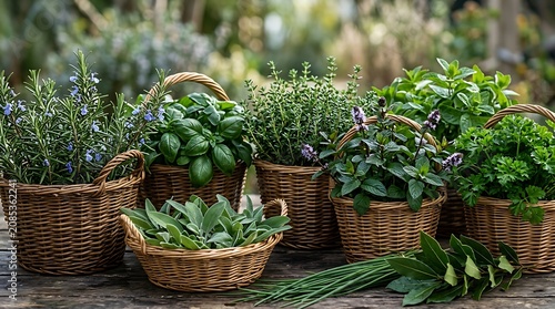 Assortment of fresh garden herbs in wicker baskets on a rustic wooden table