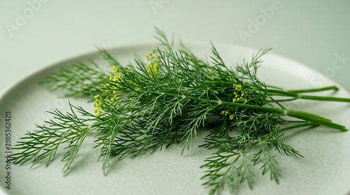 Fresh Green Dill Herb with Small Flowers on a Minimalist Ceramic Plate