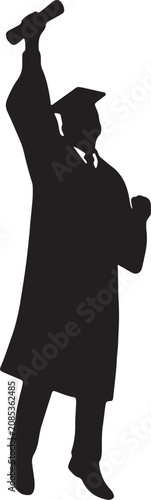 Full body silhouette of a jumping graduate student holding a diploma