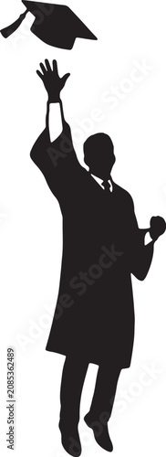 Silhouette of a happy graduate student jumping and throwing a cap in celebration