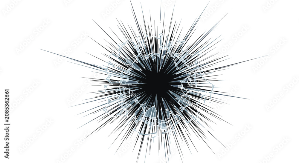 Fototapeta premium Realistic digital illustration of a shattered glass effect with radial cracks and shards exploding from a central point on a white background.